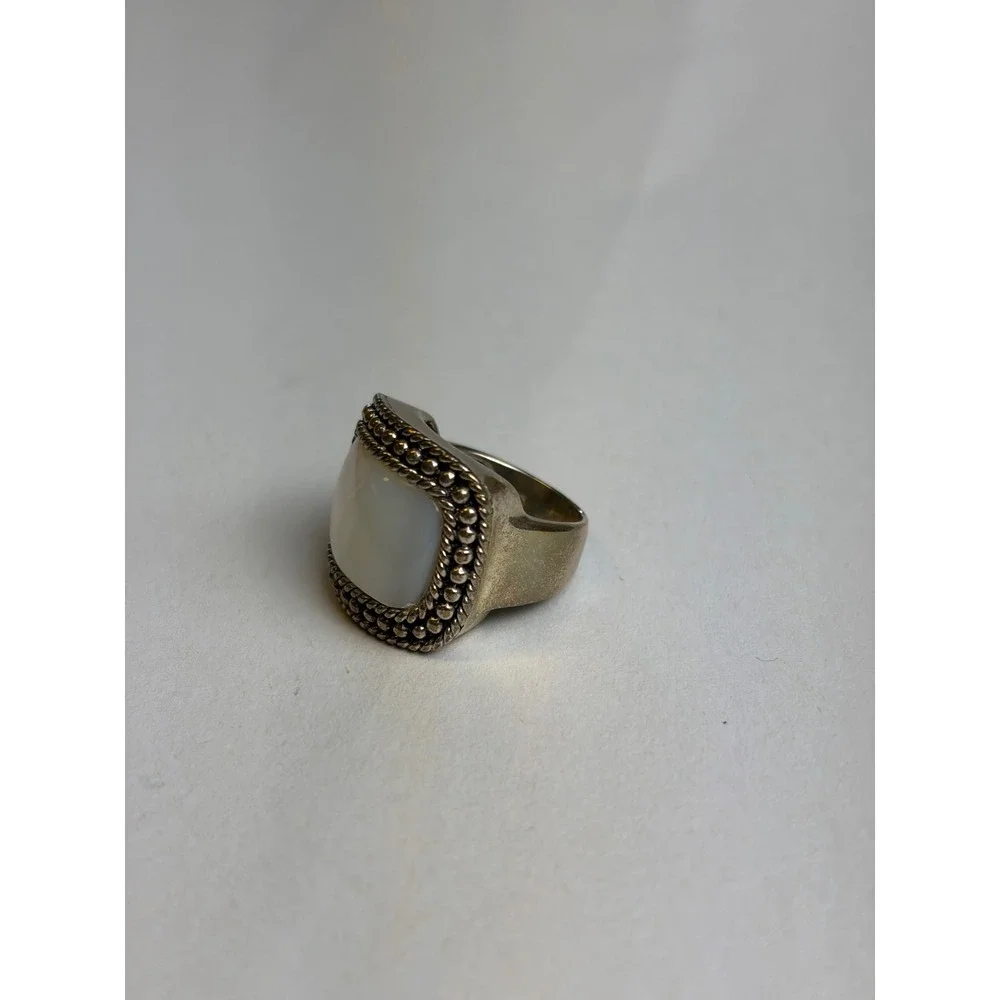 Vintage Mother of Pearl Ring 6 Silver 925 Sterling Statement Braided Border Wide